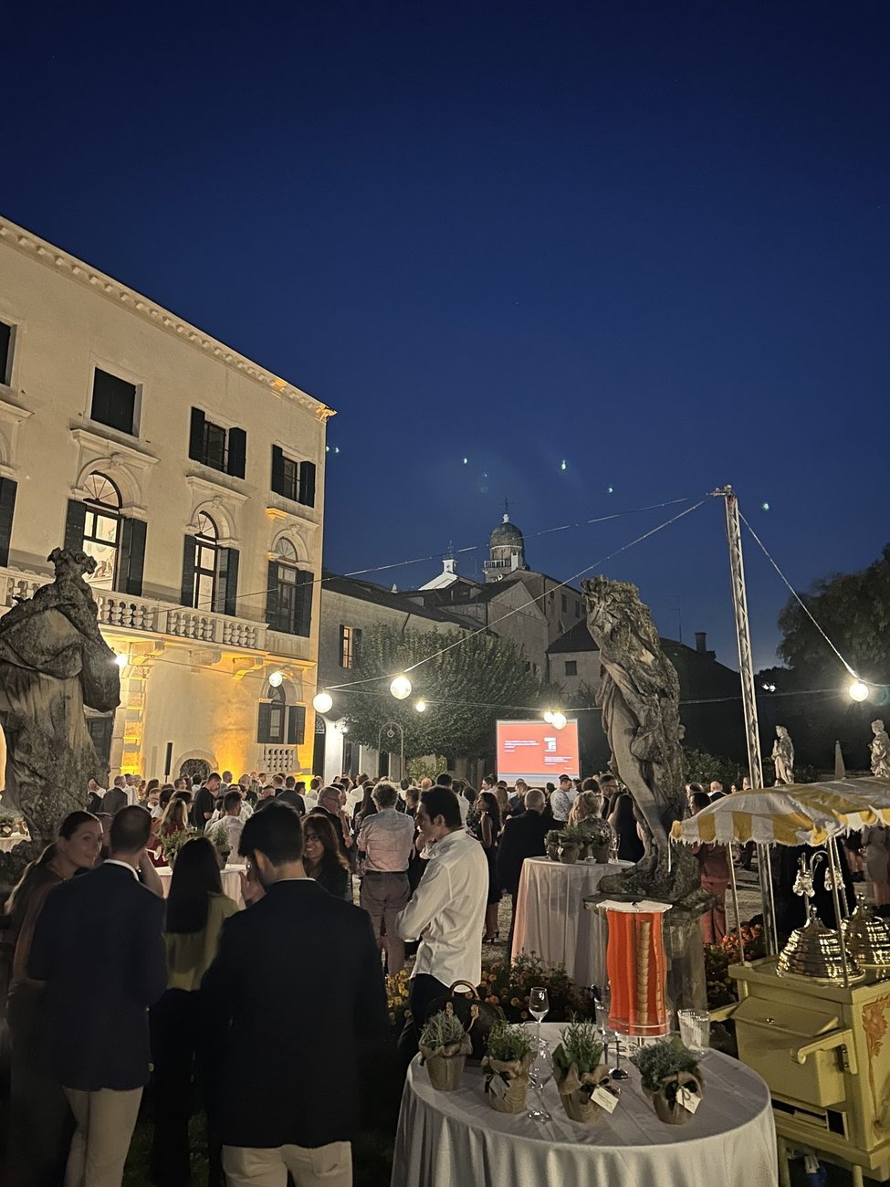 Evento aziendale serale al Dominio di Bagnoli (Bagnoli di Sopra, Padova): ospiti nel cortile storico con le statue illuminate, musica di Jam Mattia per l'aperitivo