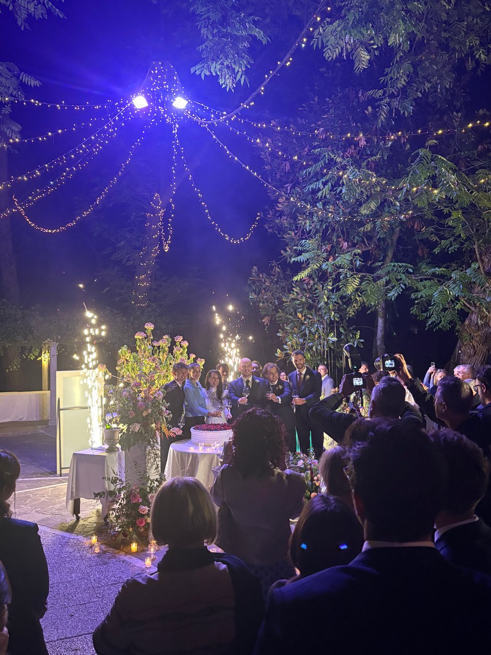 Aperitivo serale nel parco di Villa Revedin (Gorgo al Monticano, Treviso) con luci a filo tra gli alberi e faro viola, invitati in giardino e musica di Jam Mattia